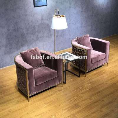 new design hotel  gold stainless steel frame fabric leather sofas sets home couch living room sofa chair furniture